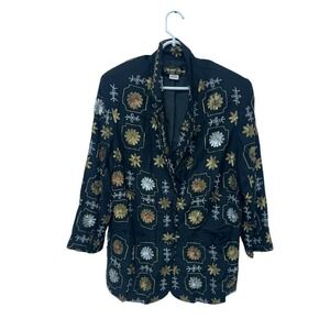 Marshall Rousso Blazer Jacket Black Floral‎ Womens L Sequins Embroidered Rayon